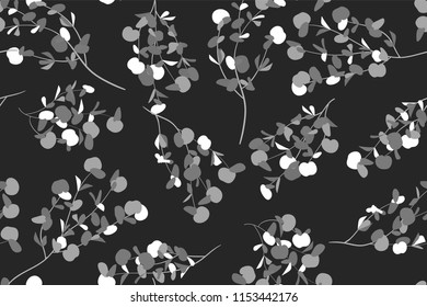 Eucalyptus Vector. Monochrome Seamless Pattern with Vector Leaves, Branches and Floral Element. Elegant Background for Rustic Wedding Design, Fabric, Textile, Dress. Eucalyptus Vector in Vintage Style