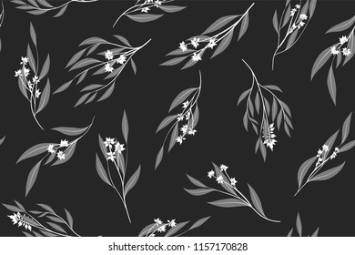 Eucalyptus Vector. Monochrome Seamless Pattern with Vector Leaves, Branches and Floral Element. Elegant Background for Rustic Wedding Design, Fabric, Textile, Dress. Eucalyptus Vector in Vintage Style