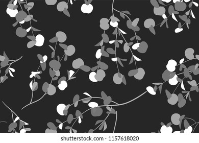 Eucalyptus Vector. Monochrome Seamless Pattern with Vector Leaves, Branches and Floral Element. Elegant Background for Rustic Wedding Design, Fabric, Textile, Dress. Eucalyptus Vector in Vintage Style