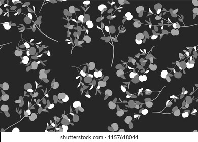 Eucalyptus Vector. Monochrome Seamless Pattern with Vector Leaves, Branches and Floral Element. Elegant Background for Rustic Wedding Design, Fabric, Textile, Dress. Eucalyptus Vector in Vintage Style