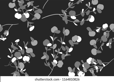 Eucalyptus Vector. Monochrome Seamless Pattern with Vector Leaves, Branches and Floral Element. Elegant Background for Rustic Wedding Design, Fabric, Textile, Dress. Eucalyptus Vector in Vintage Style