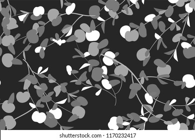 Eucalyptus Vector. Monochrome Seamless Pattern with Vector Leaves, Branches and Floral Element. Elegant Background for Rustic Wedding Design, Fabric, Textile, Dress. Eucalyptus Vector in Vintage Style