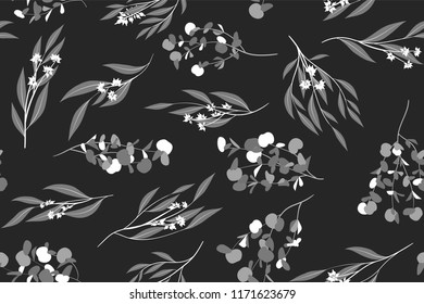 Eucalyptus Vector. Monochrome Seamless Pattern with Vector Leaves, Branches and Floral Element. Elegant Background for Rustic Wedding Design, Fabric, Textile, Dress. Eucalyptus Vector in Vintage Style