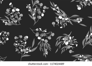 Eucalyptus Vector. Monochrome Seamless Pattern with Vector Leaves, Branches and Floral Element. Elegant Background for Rustic Wedding Design, Fabric, Textile, Dress. Eucalyptus Vector in Vintage Style