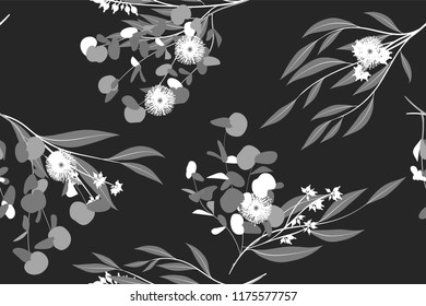 Eucalyptus Vector. Monochrome Seamless Pattern with Vector Leaves, Branches and Floral Element. Elegant Background for Rustic Wedding Design, Fabric, Textile, Dress. Eucalyptus Vector in Vintage Style