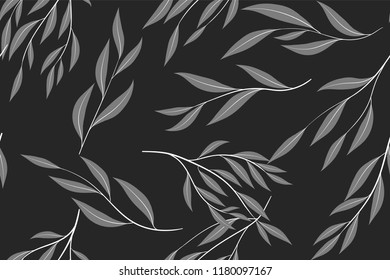 Eucalyptus Vector. Monochrome Seamless Pattern with Vector Leaves, Branches and Floral Element. Elegant Background for Rustic Wedding Design, Fabric, Textile, Dress. Eucalyptus Vector in Vintage Style