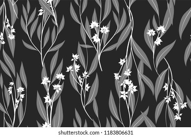 Eucalyptus Vector. Monochrome Seamless Pattern with Vector Leaves, Branches and Floral Element. Elegant Background for Rustic Wedding Design, Fabric, Textile, Dress. Eucalyptus Vector in Vintage Style