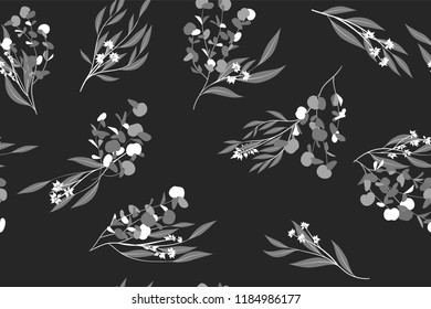 Eucalyptus Vector. Monochrome Seamless Pattern with Vector Leaves, Branches and Floral Element. Elegant Background for Rustic Wedding Design, Fabric, Textile, Dress. Eucalyptus Vector in Vintage Style
