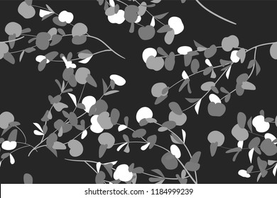 Eucalyptus Vector. Monochrome Seamless Pattern with Vector Leaves, Branches and Floral Element. Elegant Background for Rustic Wedding Design, Fabric, Textile, Dress. Eucalyptus Vector in Vintage Style