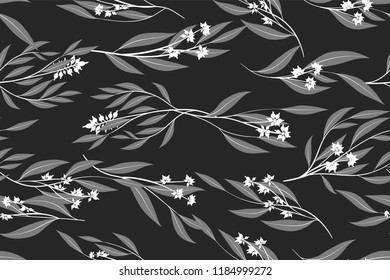Eucalyptus Vector. Monochrome Seamless Pattern with Vector Leaves, Branches and Floral Element. Elegant Background for Rustic Wedding Design, Fabric, Textile, Dress. Eucalyptus Vector in Vintage Style