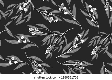 Eucalyptus Vector. Monochrome Seamless Pattern with Vector Leaves, Branches and Floral Element. Elegant Background for Rustic Wedding Design, Fabric, Textile, Dress. Eucalyptus Vector in Vintage Style