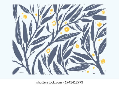 Eucalyptus vector pattern. Decorative branch stamp print. Hand drawn silhouette line vector linocut linotype style.
