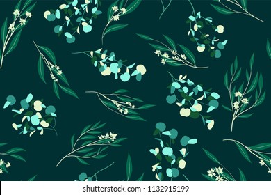 Eucalyptus Vector Seamless Pattern with Leaves, Branches and Floral Elements. Elegant Cute Background for Rustic Wedding Design, Fabric, Textile, Dress. Eucalyptus Vector in Vintage Style for Print.