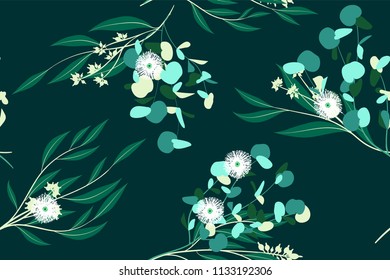 Eucalyptus Vector Seamless Pattern with Leaves, Branches and Floral Elements. Elegant Cute Background for Rustic Wedding Design, Fabric, Textile, Dress. Eucalyptus Vector in Vintage Style for Print.