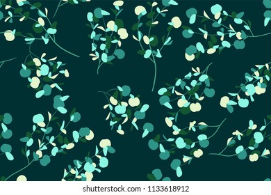 Eucalyptus Vector Seamless Pattern with Leaves, Branches and Floral Elements. Elegant Cute Background for Rustic Wedding Design, Fabric, Textile, Dress. Eucalyptus Vector in Vintage Style for Print.