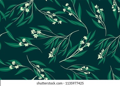 Eucalyptus Vector Seamless Pattern with Leaves, Branches and Floral Elements. Elegant Cute Background for Rustic Wedding Design, Fabric, Textile, Dress. Eucalyptus Vector in Vintage Style for Print.