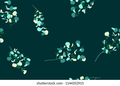 Eucalyptus Vector Seamless Pattern with Leaves, Branches and Floral Elements. Elegant Cute Background for Rustic Wedding Design, Fabric, Textile, Dress. Eucalyptus Vector in Vintage Style for Print.