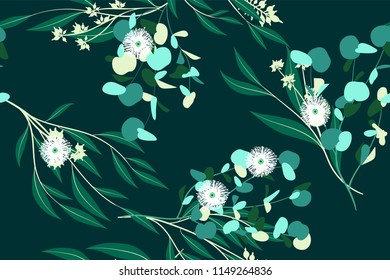 Eucalyptus Vector Seamless Pattern with Leaves, Branches and Floral Elements. Elegant Cute Background for Rustic Wedding Design, Fabric, Textile, Dress. Eucalyptus Vector in Vintage Style for Print.