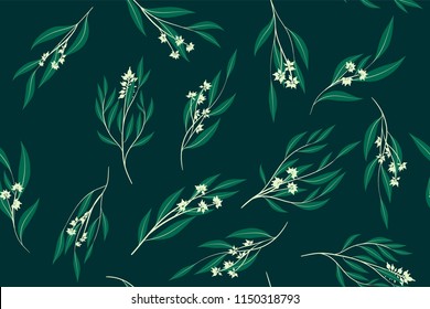 Eucalyptus Vector Seamless Pattern with Leaves, Branches and Floral Elements. Elegant Cute Background for Rustic Wedding Design, Fabric, Textile, Dress. Eucalyptus Vector in Vintage Style for Print.