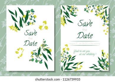 Eucalyptus Vector. Wedding Invitation Frame with Leaf, Branches, Floral Elements. Elegant Templates for Invite, Cards Design. Decorative Greenery for Rustic Wedding. Eucalyptus Vector in Vintage Style