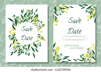 Eucalyptus Vector. Wedding Invitation Frame with Leaf, Branches, Floral Elements. Elegant Templates for Invite, Cards Design. Decorative Greenery for Rustic Wedding. Eucalyptus Vector in Vintage Style