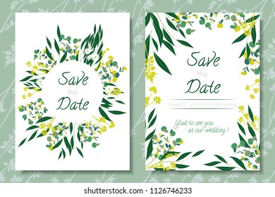 Eucalyptus Vector. Wedding Invitation Frame with Leaf, Branches, Floral Elements. Elegant Templates for Invite, Cards Design. Decorative Greenery for Rustic Wedding. Eucalyptus Vector in Vintage Style