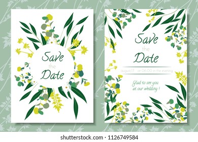Eucalyptus Vector. Wedding Invitation Frame with Leaf, Branches, Floral Elements. Elegant Templates for Invite, Cards Design. Decorative Greenery for Rustic Wedding. Eucalyptus Vector in Vintage Style