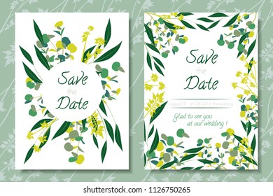 Eucalyptus Vector. Wedding Invitation Frame with Leaf, Branches, Floral Elements. Elegant Templates for Invite, Cards Design. Decorative Greenery for Rustic Wedding. Eucalyptus Vector in Vintage Style