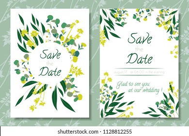 Eucalyptus Vector. Wedding Invitation Frame with Leaf, Branches, Floral Elements. Elegant Templates for Invite, Cards Design. Decorative Greenery for Rustic Wedding. Eucalyptus Vector in Vintage Style