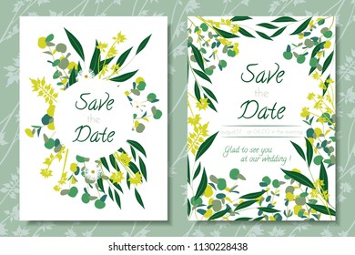 Eucalyptus Vector. Wedding Invitation Frame with Leaf, Branches, Floral Elements. Elegant Templates for Invite, Cards Design. Decorative Greenery for Rustic Wedding. Eucalyptus Vector in Vintage Style