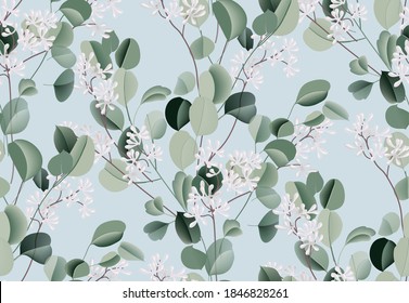 Patrón transparente de la hoja de color Eucalyptus, planta evergreen, ilustración botánica, flor de plata en dólares. Textura de boda verde azul. Ramo tropical. Decoración del diseño del Boho
