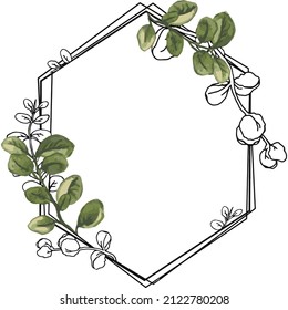 Eucalyptus watercolor and line artleaves frame for wedding invitations and card 