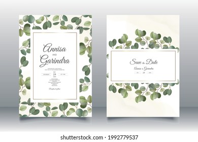 eucalyptus wedding invitation card with beautiful floral and leaves template Premium Vector
