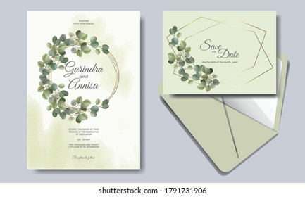 Eucalyptus Wedding invitation card template set with beautiful floral leaves Premium Vector
