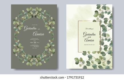 Eucalyptus Wedding invitation card template set with beautiful floral leaves Premium Vector