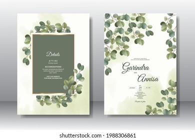  plantilla de la tarjeta de invitación a la boda eucalipto con hojas hermosas Vector Premium