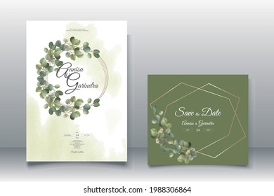  eucalyptus  wedding invitation card template set with beautiful  leaves Premium Vector