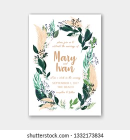 Eucalyptus Wedding Invitation greenery Herbal minimalist vector frame wildflowers, various plants, leaves and herbs pampas grass green