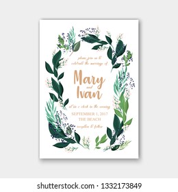 Eucalyptus Wedding Invitation greenery Herbal minimalist vector frame wildflowers, various plants, leaves and herbs pampas grass green