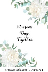 Eucalyptus and white chrysanthemum flowers vector design frame. Rustic wedding greenery. Mint, blue tones. Watercolor style collection. Mediterranean tree. All elements are isolated and editable