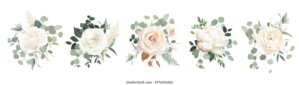 Eucalyptus and white roses, ranunculus vector design bouquets. Rustic wedding greenery. Mint, creamy, beige, green tones. Watercolor flowers. Summer rustic style. Elements are isolated and editable