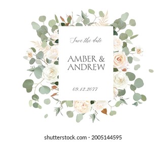 Eucalyptus and white roses, ranunculus vector design invitation frame. Rustic wedding greenery. Mint, creamy, beige, green tones. Watercolor card.Summer rustic style.Elements are isolated and editable