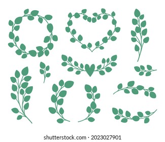 Eucalyptus wreathes and borders bundle. Floral frames hand drawn elements. Wedding logo design. Vector illustration isolated.