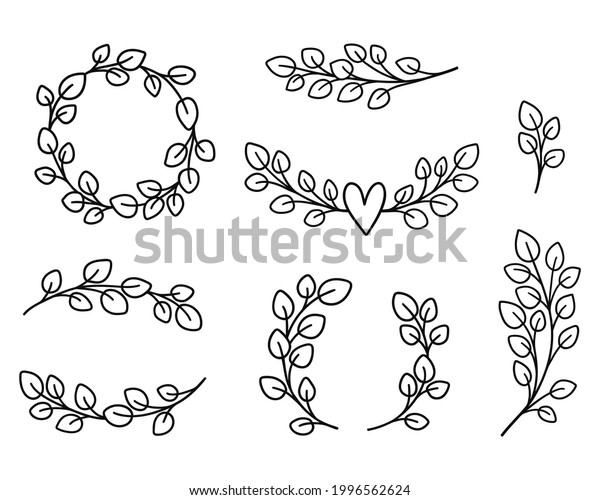 Eucalyptus wreathes and borders bundle. Floral\
frames hand drawn elements. Wedding logo design. Vector\
illustration\
isolated.
