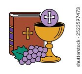 Eucharist Symbol with Bible, Chalice, and Grapes