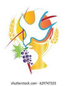 Eucharist symbol with chalice, Holy Spirit dove, grapes and wheat and a cross. First Holy Communion vector abstract illustration.