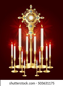 Eucharistic adoration monstrance with the Blessed Sacrament, with candles 