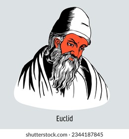 Euclid was an ancient Greek mathematician who worked as a geometer and logician. Considered the "father of geometry". Hand drawn vector illustration