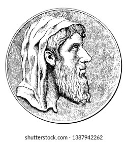 Euclid, he was a Greek mathematician who wrote the first systematic textbook on geometry, famous as the Father of geometry, vintage line drawing or engraving illustration