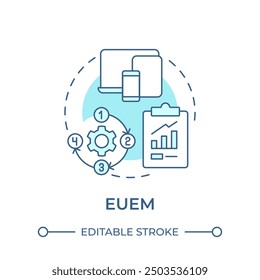 EUEM-Symbol für sanftblaues Konzept. Plattformübergreifend, mit mehreren Geräten. App-Kompatibilität. Runde Liniendarstellung. Abstrakte Idee. Grafikdesign. Benutzerfreundlich in Infografik, Präsentation